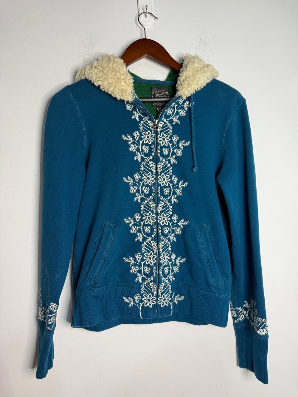 Y2K Lucky brand Womens Small Blue Winter Embroidery VTG Zip Jacket Sherpa Floral